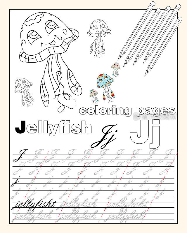 illustration_10_coloring pages of the English alphabet with animal drawings with a string for writing English letters